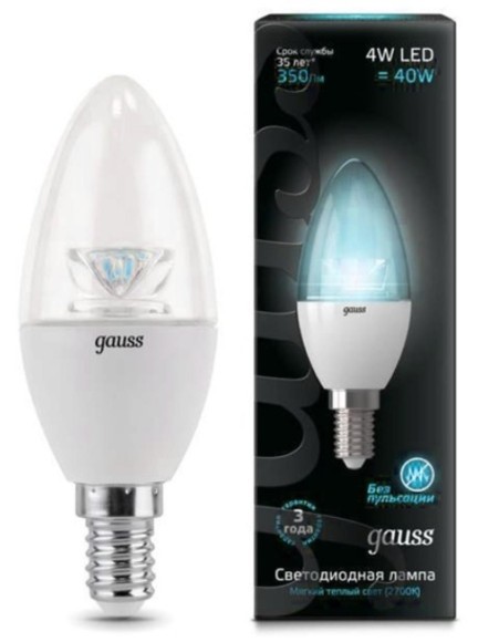 103201204 Лампа Gauss LED Candle Crystal Clear E14 4W 4100К 1/10/50