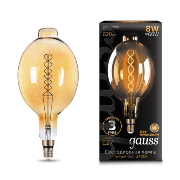 152802008 Лампа Gauss Filament BT180 8W 620lm 2400К Е27 golden flexible LED 1/6