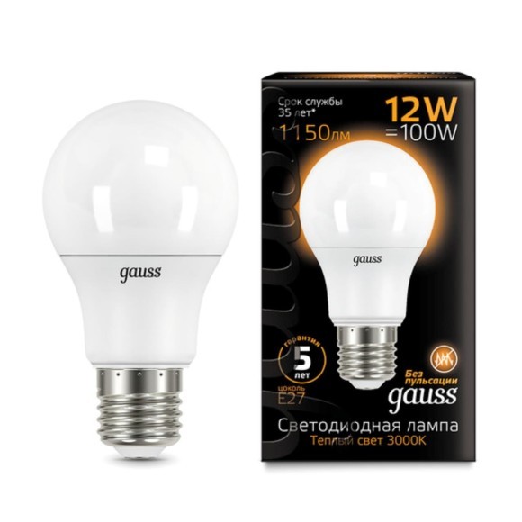 102502112 Лампа Gauss LED A60 12W E27 1150lm 3000K 1/10/50