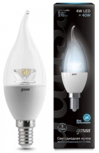 104201204 Лампа Gauss LED Candle Tailed Crystal Clear E14 4W 4100K 1/10/50