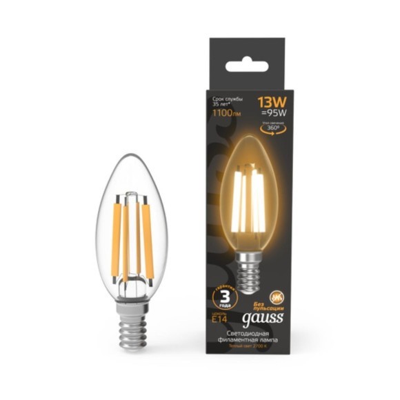 103801113 Лампа Gauss Filament Свеча 13W 1100lm 2700К Е14 LED 1/10/50