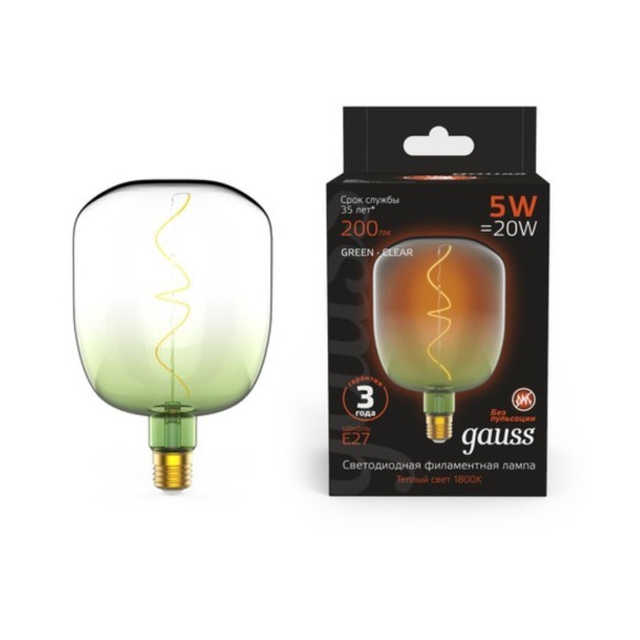1009802105 Лампа Gauss Filament V140 5W 200lm 1800К Е27 green-clear flexible LED 1/6