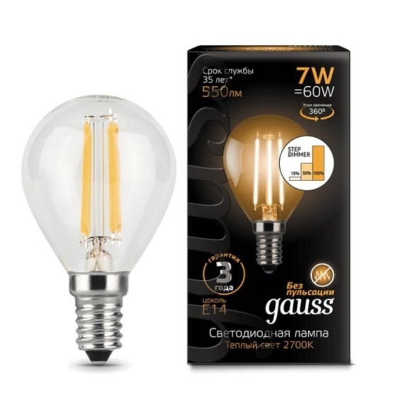 105801107-S Лампа Gauss LED Filament Шар E14 7W 550lm 2700K step dimmable 1/10/50