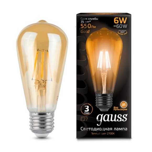 102802006 Лампа Gauss LED Filament ST64 E27 6W Golden 550lm 2400К 1/10/40