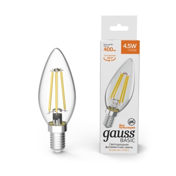 1031115 Лампа Gauss Basic Filament Свеча 4,5W 400lm 2700К Е14 LED 1/10/50